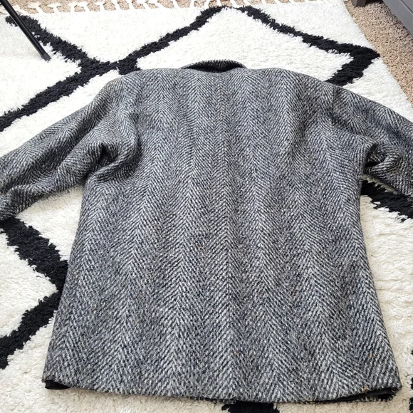 Vintage 80s wool leather tweed jacket coat oversized - Picture 5 of 16